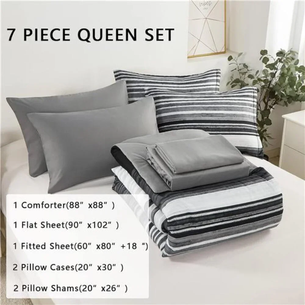 7 Piece Bed in a Bag Stripe Comforter Set Queen Size, White Grey Black Patchwork